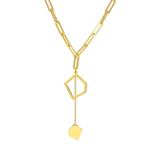 NWT Geometric Pendant Lariat Y Necklace 14K Gold Plated Minimalist Choker 16” - Picture 5 of 7